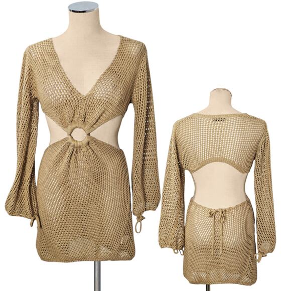 Sexy Knit SHEIN Tan See Through Cut Out Crochet Club Swim Dress Cover Up M - Picture 1 of 1